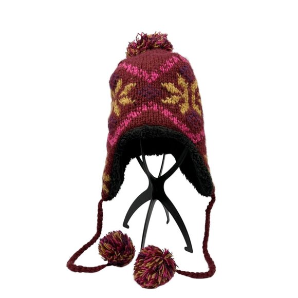Handmade Chaos Knit Wool & Acrylic Earflap Hat With Pom-Poms - Picture 1 of 7